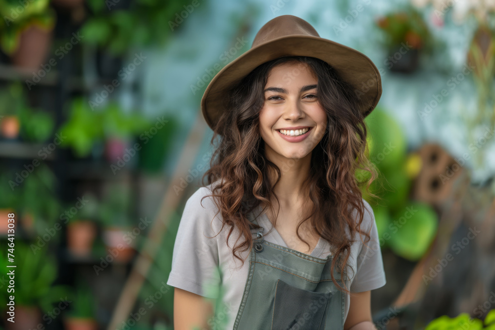 Girl farmer in overalls and hat smiling in the background of plants grown in the garden