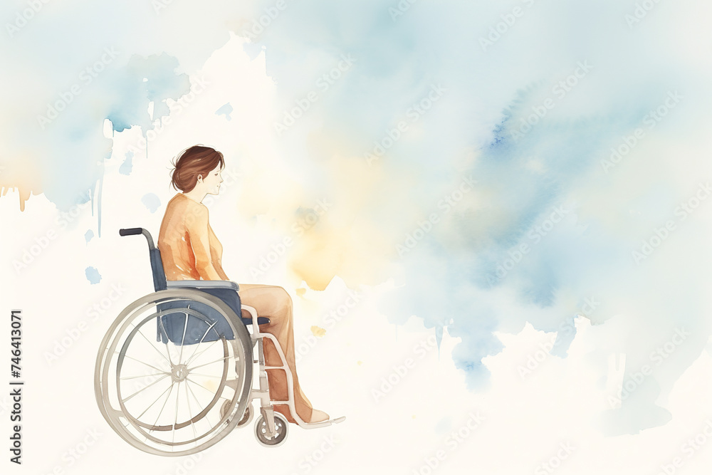 watercolor drawing of woman in wheelchair, dreamlike romantic atmospheric, hazy, blue, white pastel color watercolor drawing of woman in wheelchair, dreamlike romantic atmospheric, hazy, blue, white pastel color