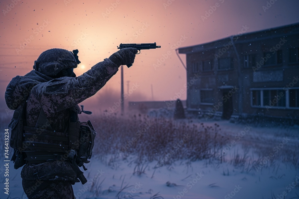 Fototapeta premium Twilight scene, a soldier in combat attire, waving a gun, with the snowy landscape around a building softly blurred in the diminishing light