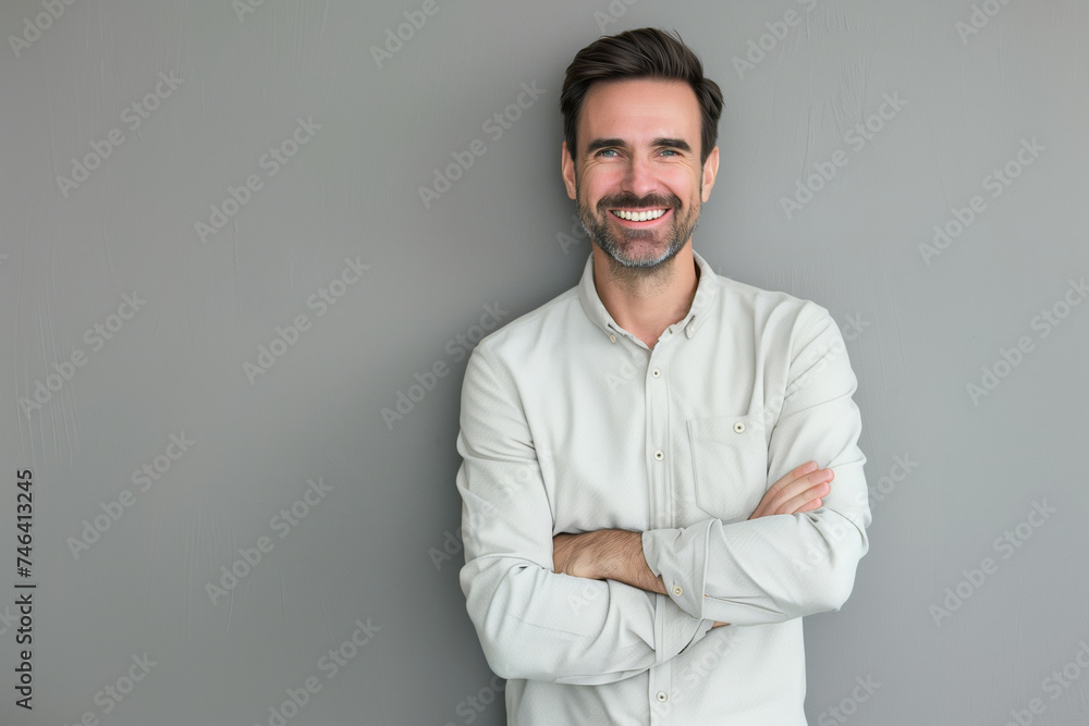 Smiling Confident Businessman in Casual Light Shirt, Arms Crossed on a Grey Background Smiling Confident Businessman in Casual Light Shirt, Arms Crossed on a Grey Background