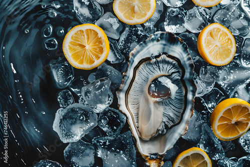 Fototapeta Naklejka Na Ścianę i Meble -  Commercial photo of fresh oysters on ice  with lemon slice 