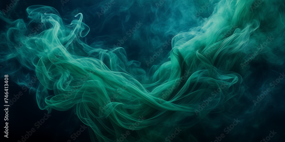 Image showcasing the mesmerizing dance of emerald green smoke tendrils against a canvas of deep navy blue.