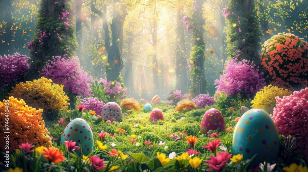 Easter Bunny rabbit with egg in wonderland. Generative AI