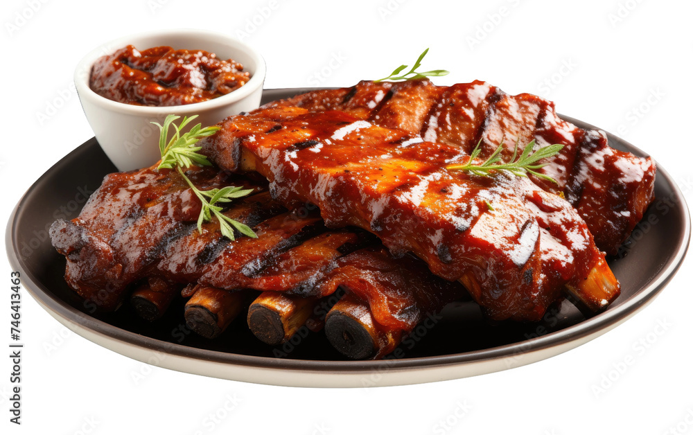 Plate of Ribs and Sauce. A plate of tender ribs, smothered in savory sauce, The sticky glaze glistens under the light. on a White or Clear Surface PNG Transparent Background.