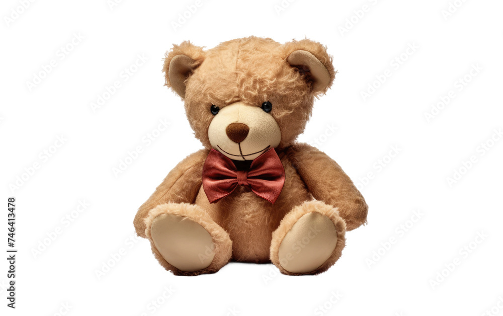 A brown teddy bear wearing a vibrant red bow tie is featured in this image. The teddy bear showcasing its adorable and classic design. on a White or Clear Surface PNG Transparent Background.