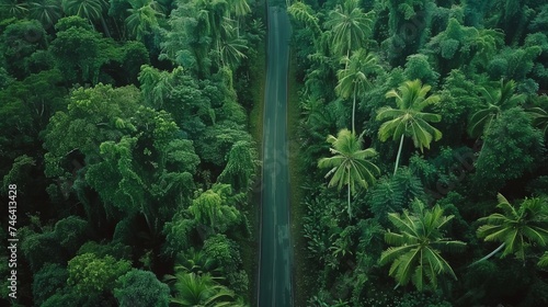 Aerial view road in the middle forest  Top view road going through green forest adventure  Ecosystem ecology healthy environment road trip travel.