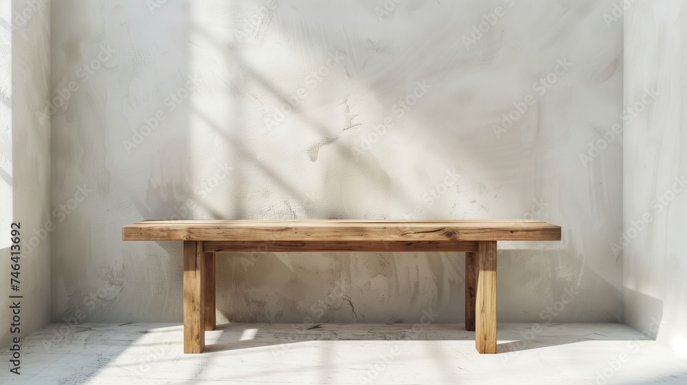 Wooden bench against white wall. A gray wall lit up in the windmills. Generative AI Wooden bench against white wall. A gray wall lit up in the windmills. Generative AI