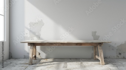 Wooden bench against white wall. Generative AI
