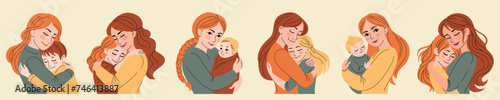 Set of Moms hugs her daughter and sons.Mother's day card.Family, parents,love.Flat isolated vector illustration