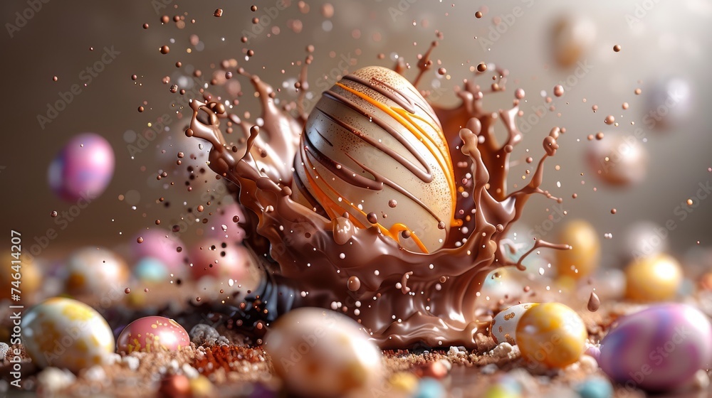 œuf de paque en chocolat avec motifs qui éclabousse du chocolat liquide StockFoto Adobe Stock