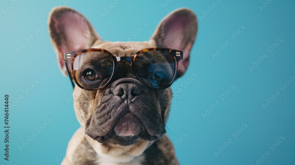 A cute and happy french bulldog dog wearing cool sunglasses in summer on a colorful background