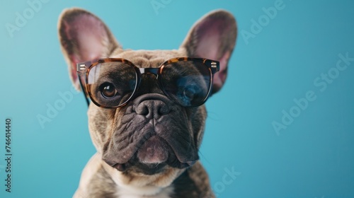 A cute and happy french bulldog dog wearing cool sunglasses in summer on a colorful background © เลิศลักษณ์ ทิพชัย