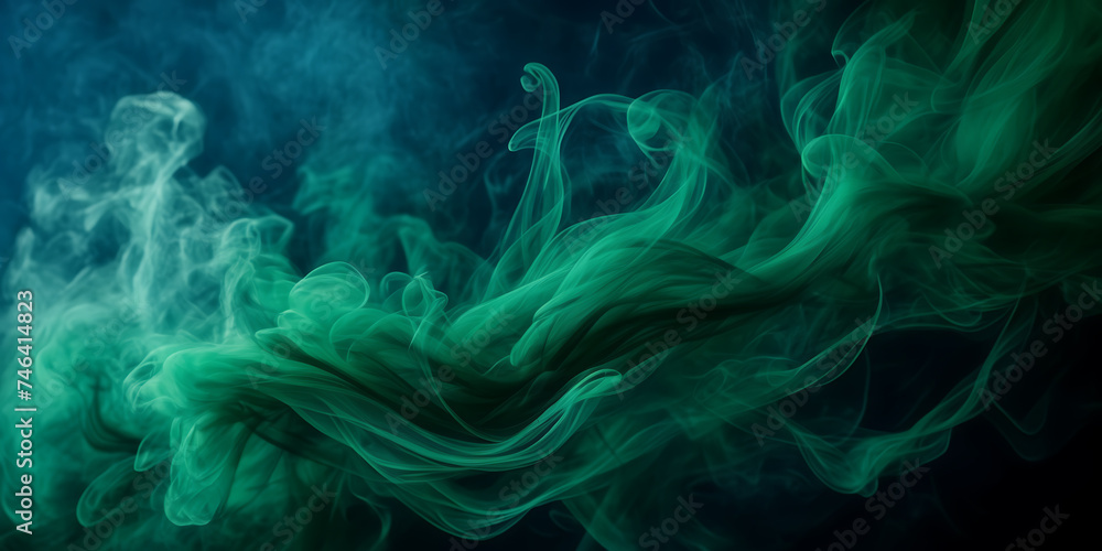Image showcasing the mesmerizing dance of emerald green smoke tendrils against a canvas of deep navy blue. - obrazy, fototapety, plakaty 
