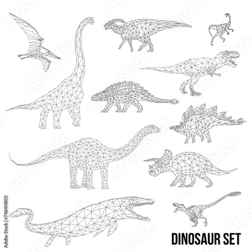 Abstract geometric triangle polygonal dinosaur set silhouette isolated on white background	