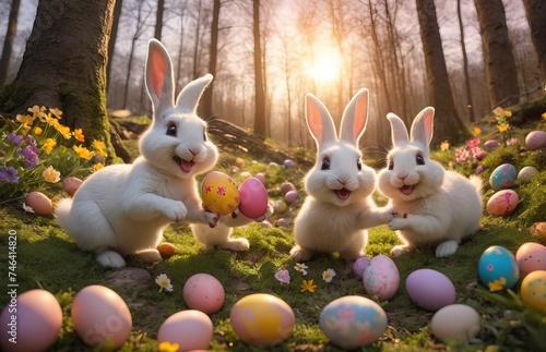 Cute servant rabbits are happy and smiled and played around the Easter eggs with colorful spring flowers. In the forest, amazing lighting sunset. 
