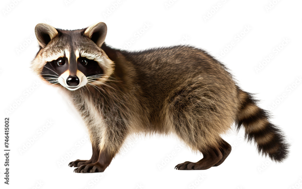 A raccoon is standing, looking around with curiosity. Its bushy tail is slightly raised, and its mask like face is alert and attentive. on a White or Clear Surface PNG Transparent Background.
