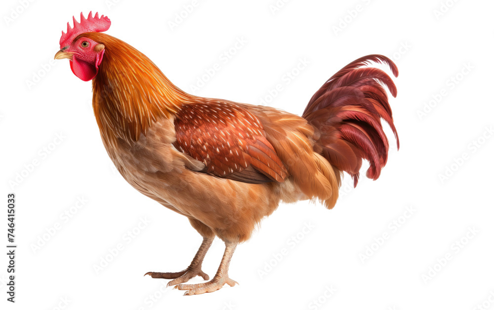 Fototapeta premium Brown and Red Rooster Standing on White Ground. The rooster appears alert and watchful, possibly guarding its territory or searching for food. on a White or Clear Surface PNG Transparent Background.
