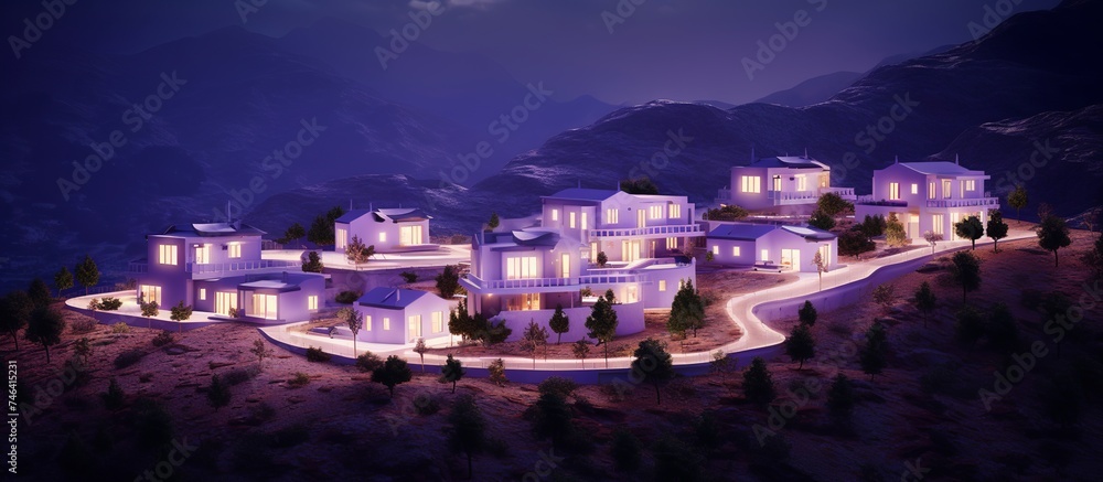 The view of the village at dusk before nightfall is in a mountain valley and the silence that begins to appear is a beautiful view of the white and purple village houses
