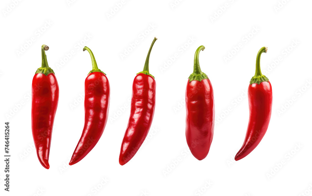 Red Peppers on Display. Three vibrant red peppers are arranged neatly next to each other, showcasing their glossy skin and distinctive shape. on a White or Clear Surface PNG Transparent Background.