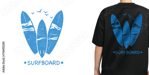 blue three textured vintage of surfboard. T-shirt design with typography of surfboard for tee print. 90's t-shirt apparel and clothing.