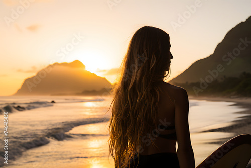 Woman Holding Surfboard on Beach © D