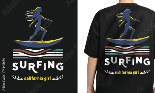 Califonia, Los Angeles Surf Girl Community t-shirt design. T shirt print design with woman stand on top of surfboard. T-shirt design with typography surfing for tee print, apparel and clothing. photo