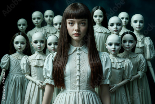 A Girl in a White Dress Stands Among a Group of Creepy Haunted Dolls.