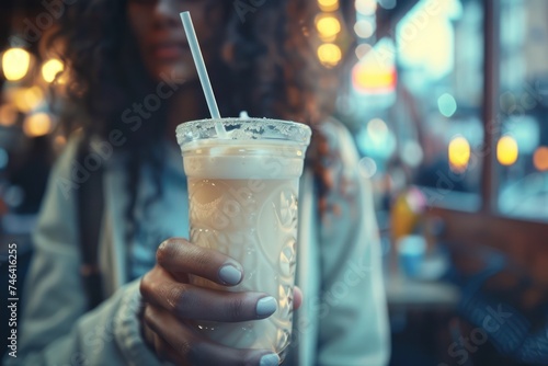 close up,Cafe customer holding a drink with a paper straw 