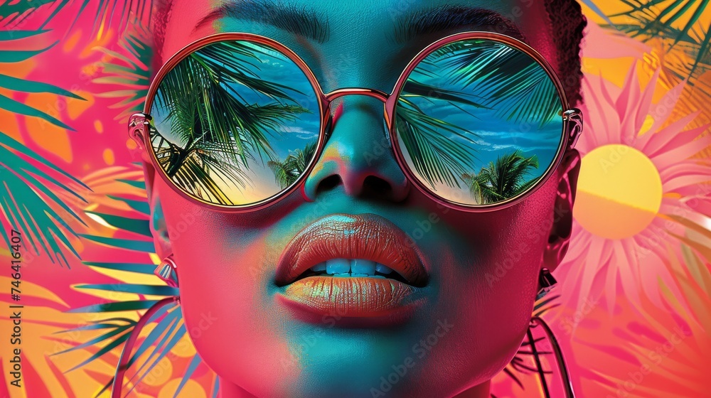 features a stylized portrait of a woman with an emphasis on vibrant tropical elements. The woman is wearing large, round sunglasses that reflect an idyllic beach scene with palm tree