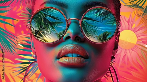 features a stylized portrait of a woman with an emphasis on vibrant tropical elements. The woman is wearing large  round sunglasses that reflect an idyllic beach scene with palm tree