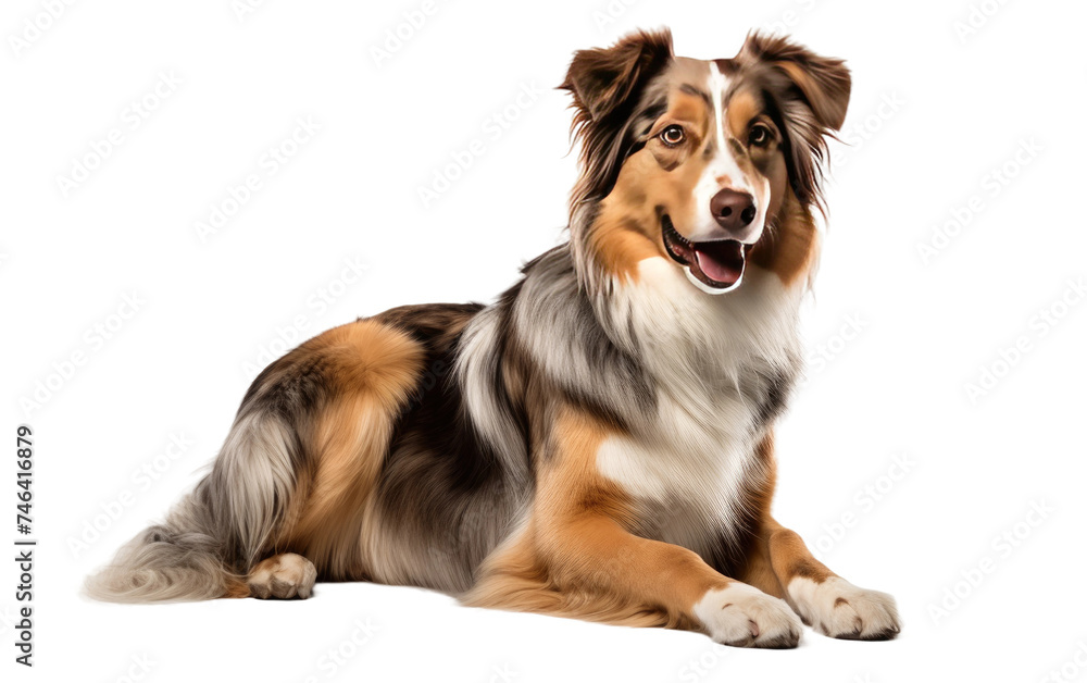 Brown and White Dog Laying. A brown and white dog is lying down on top of a white floor, peacefully resting. on a White or Clear Surface PNG Transparent Background.
