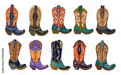 Various styles of cowboy boots vector illustrations isolated on a white background, showcasing different features such as joint construction, durable materials, and unique Durango boot designs.