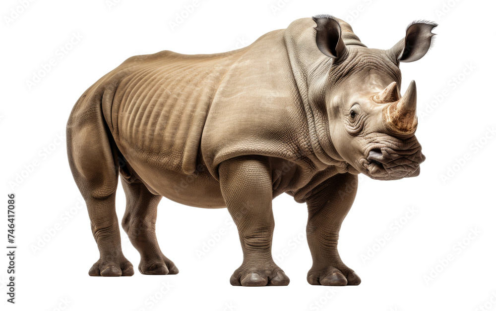 Obraz premium Rhinoceros . The massive animals thick skin and distinctive horn are prominent features. Its powerful stance exudes strength and resilience. on a White or Clear Surface PNG Transparent Background.