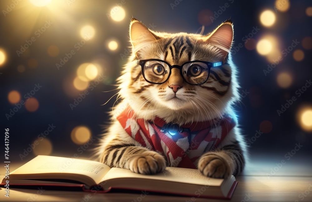 Funny amazed cat wear glasses studying with book Funny amazed cat wear glasses studying with book