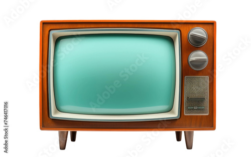 An old television set with a green screen displaying static The screen is lit up with a faint glow and the knobs and dials on the TV are visible on a White or Clear Surface PNG Transparent Background.