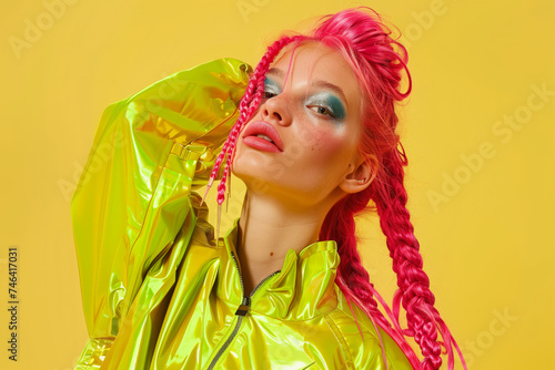 Trendy modern girl with pink hair and dreadlocks bright makeup on yellow background modern trendy youth style