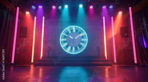 Quiz Show Set with a Big Countdown Clock and Flashing Lights. Concept of Time Pressure, Competition, and Entertainment photo