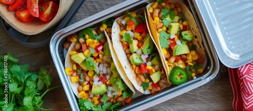 Delicious Mexican cuisine on a wooden tray: crispy taco and spicy salsa bowl