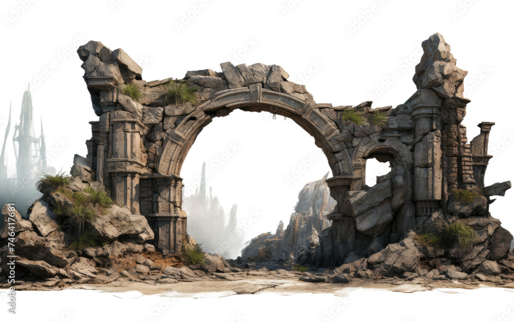 Fototapeta premium Stone Arch Painting. A painting showcasing a stone arch structure standing in the middle of a vast desert landscape under a bright blue sky. on a White or Clear Surface PNG Transparent Background.