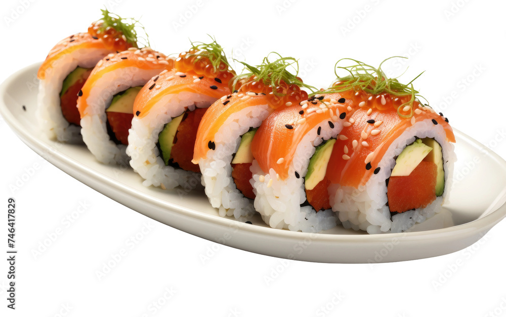 Plate of Assorted Sushi. A white plate filled with a variety of sushi rolls, sashimi, and nigiri, showcasing an array of colors and textures. on a White or Clear Surface PNG Transparent Background. Plate of Assorted Sushi. A white plate filled with a variety of sushi rolls, sashimi, and nigiri, showcasing an array of colors and textures. on a White or Clear Surface PNG Transparent Background.