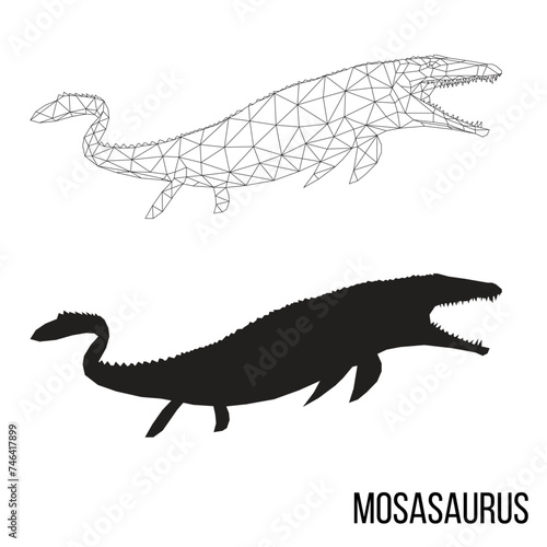 Abstract geometric triangle polygonal dino mosasaurus silhouette isolated on white background	