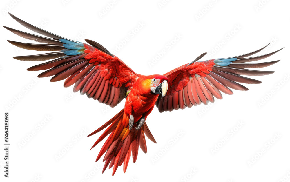 Red and Blue Parrot Flying Through the Air. A red and blue parrot with vibrant feathers is soaring through the sky with its wings fully extended. on a White or Clear Surface PNG Transparent Background