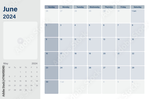 June 2024 calendar desk planner with space for your picture, weeks start on Sunday,  simple white and gray theme, vector design