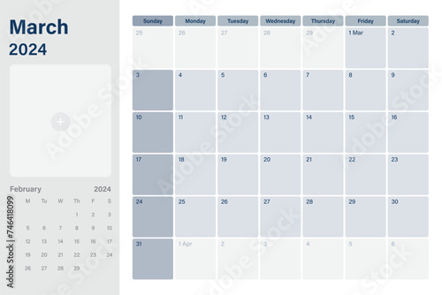 March 2024 calendar desk planner with space for your picture, weeks start on Sunday,  simple white and gray theme, vector design