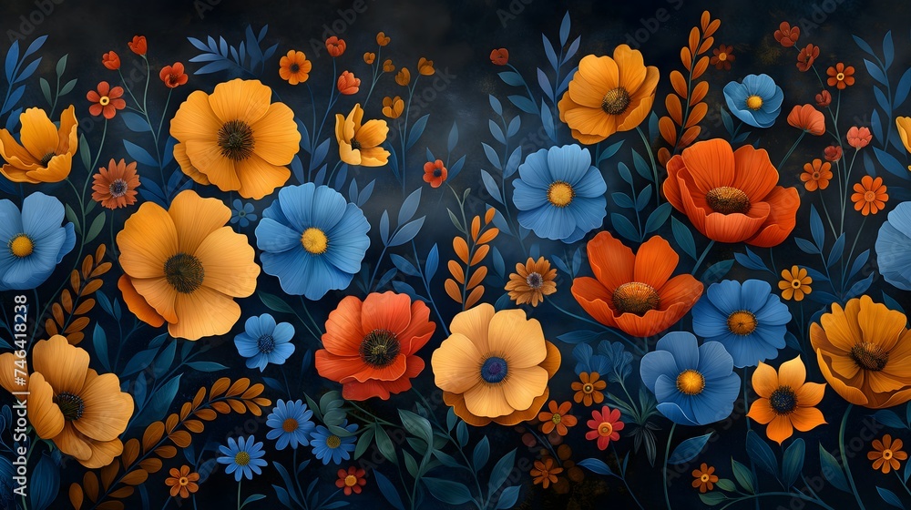 Vibrant Floral Ensemble on Dark Background - Spring Bloom Illustration
Vibrant Floral Ensemble on Dark Background - Spring Bloom Illustration