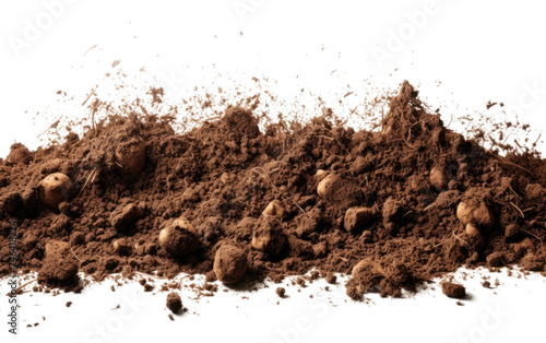 Heap of Dirt. The dirt appears freshly dug and loosely scattered, forming a textured and uneven heap with small rocks and debris mixed in. on a White or Clear Surface PNG Transparent Background.