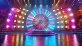 Colorful Game Show Wheel with Contestant Stands and Host Desk. Concept of Spinning Wheel, Prizes, and Entertainment