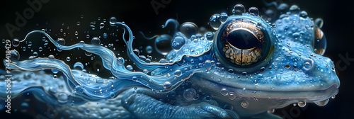 close up of a frog in the water, Aquatic creature with a wave like pattern in blu