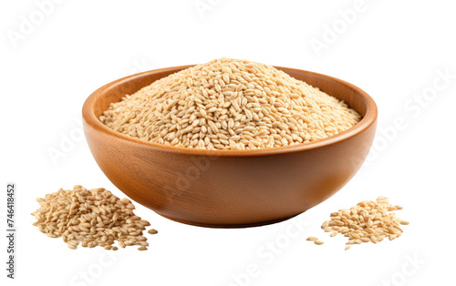 A wooden bowl sits filled with brown rice next to a pile of loose grains. The brown rice is uncooked and ready to be used for cooking or serving on a White or Clear Surface PNG Transparent Background.