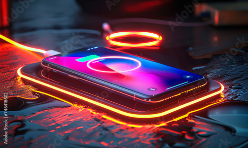 Futuristic smartphone with battery charging indicator on screen placed on wireless charging pad with glowing neon rings on a dark surface photo